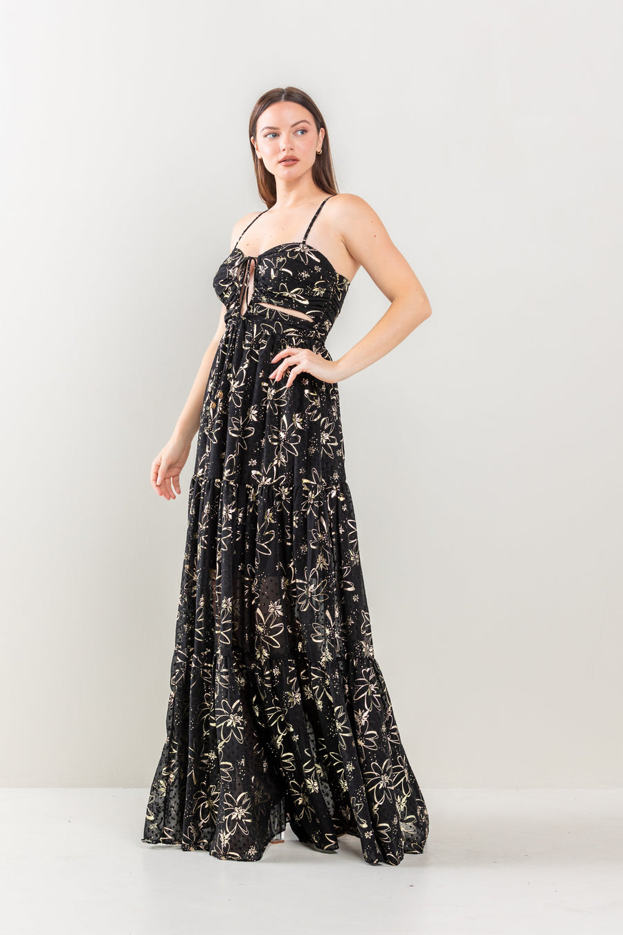Formal Dresses Long Floral Print Tiered Maxi Dress Black/Gold