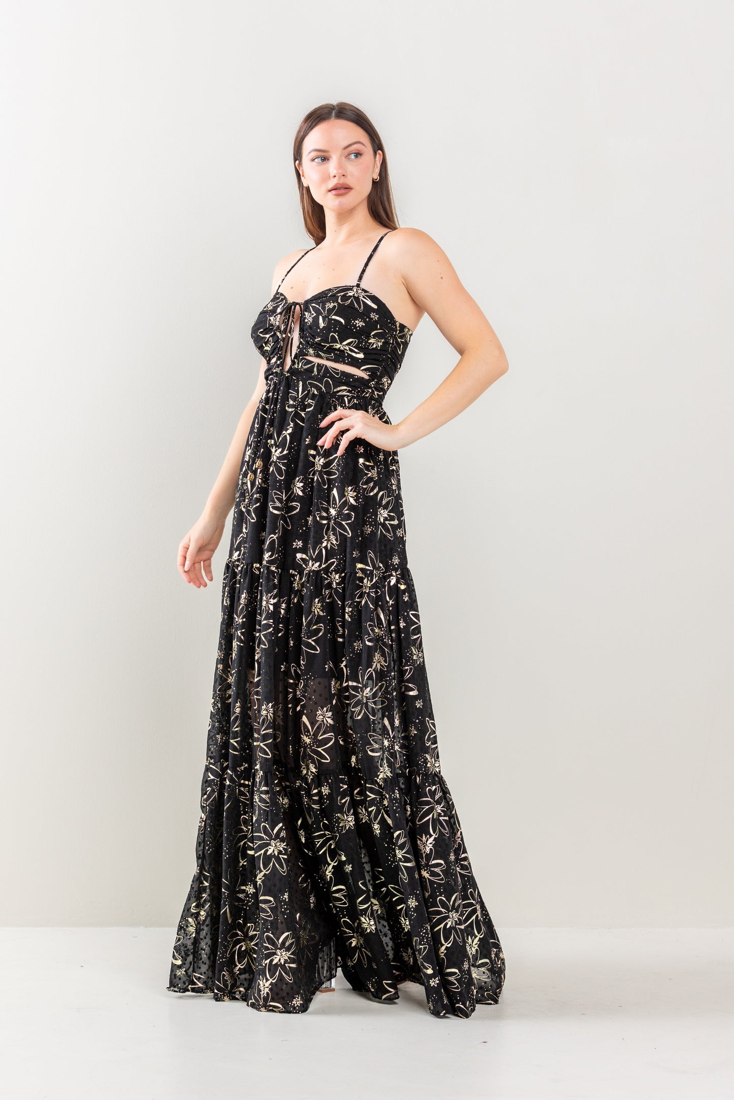 Formal Dresses Long Floral Print Tiered Maxi Dress Black/Gold