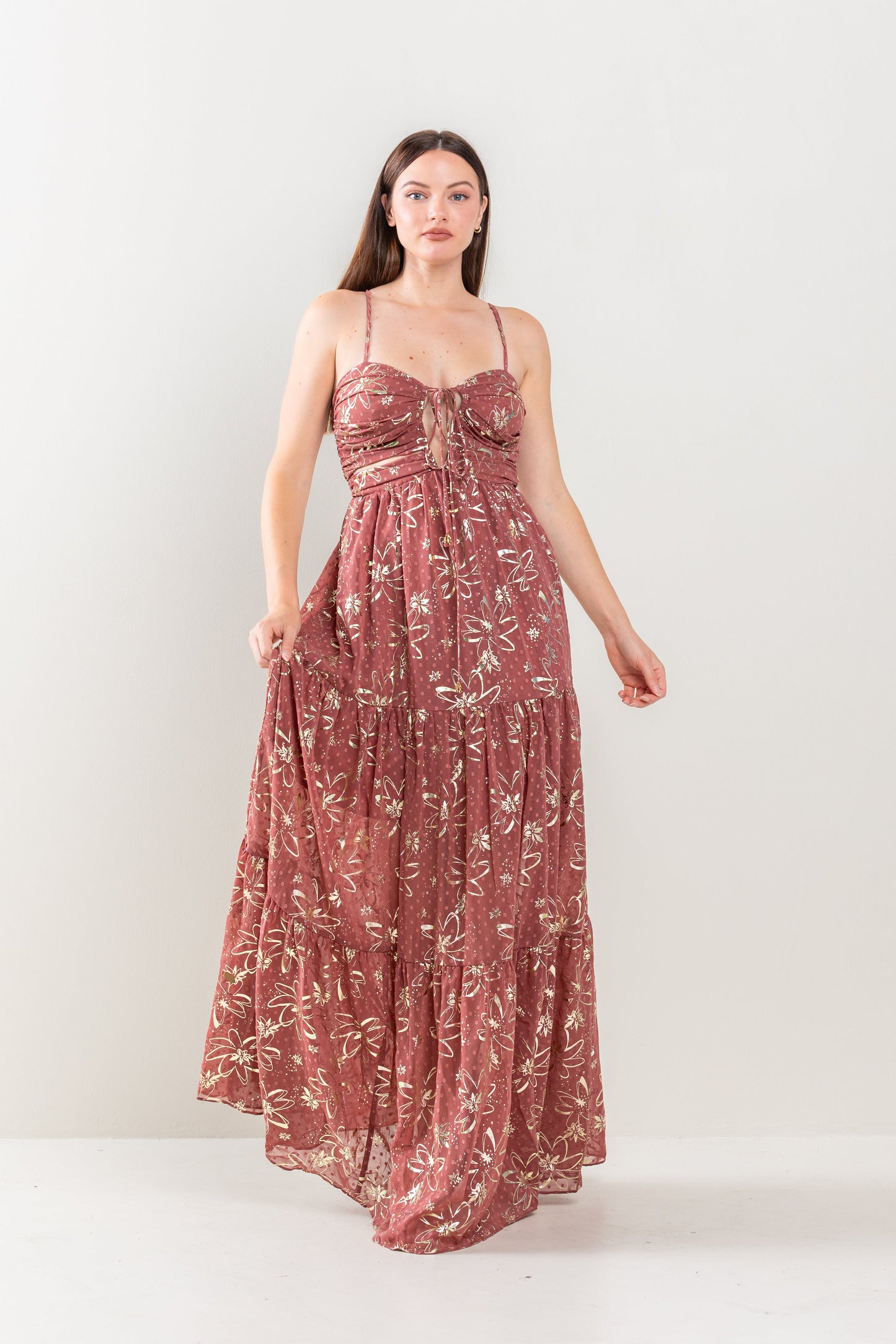 Formal Dresses Long Floral Print Tiered Maxi Dress Mauve/Gold