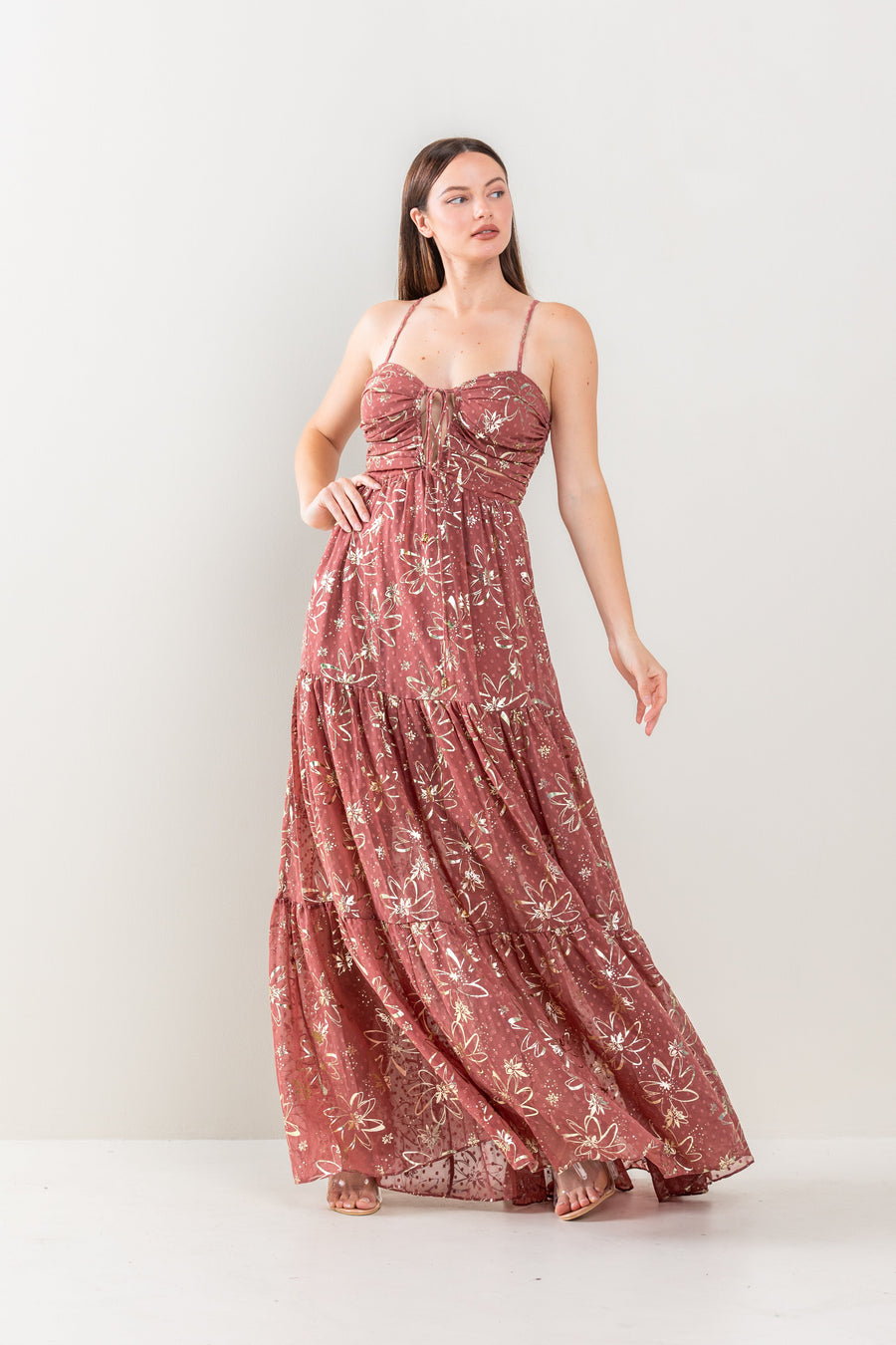 Formal Dresses Long Floral Print Tiered Maxi Dress Mauve/Gold