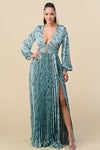 Formal Dresses Printed Long Sleeve V Neck Belt Maxi Dress Sage/Sage