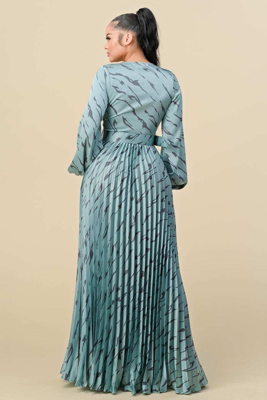 Formal Dresses Printed Long Sleeve V Neck Belt Maxi Dress Sage/Sage