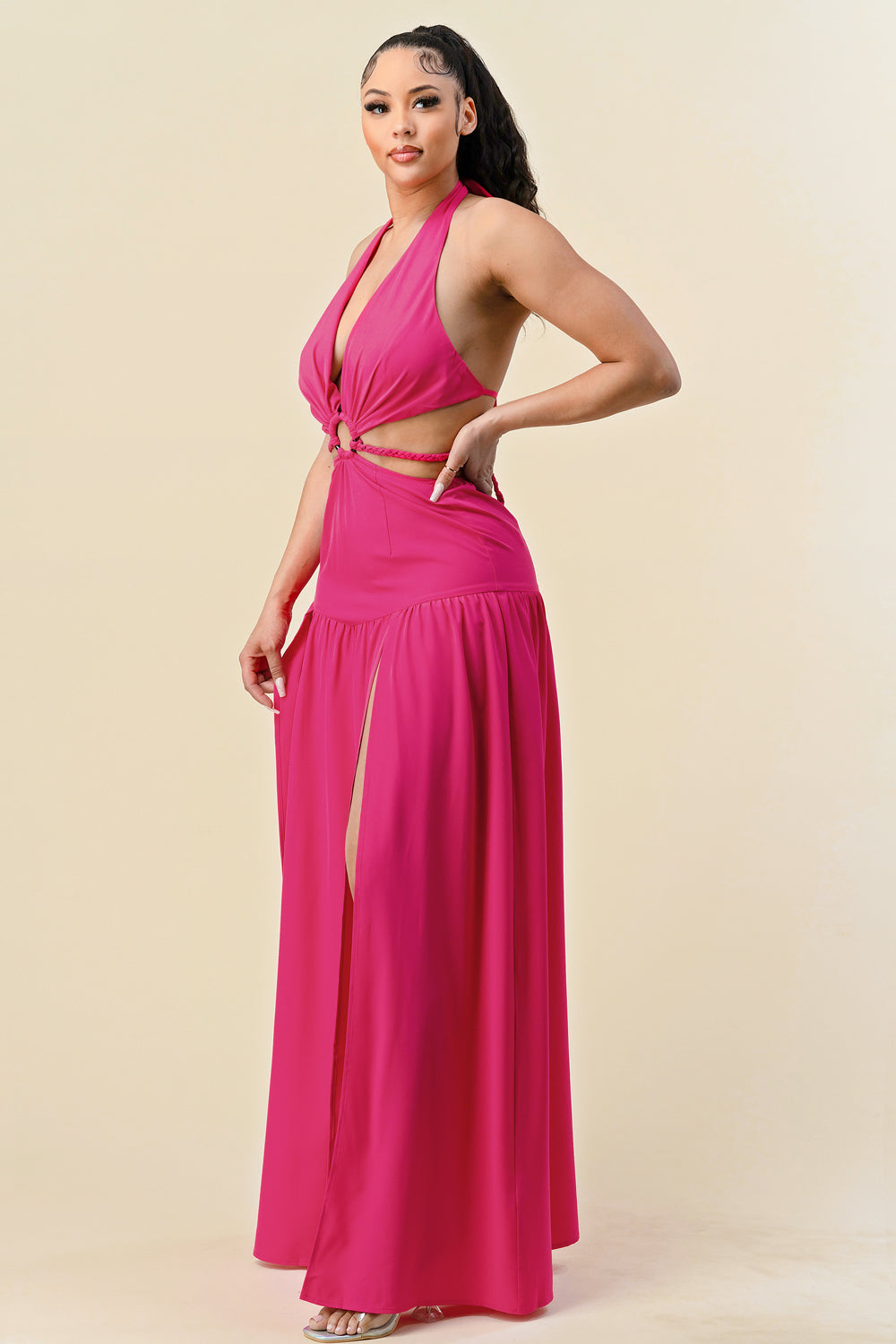 Formal Dresses Long Cut Out Slit Halter Maxi Dress Pink