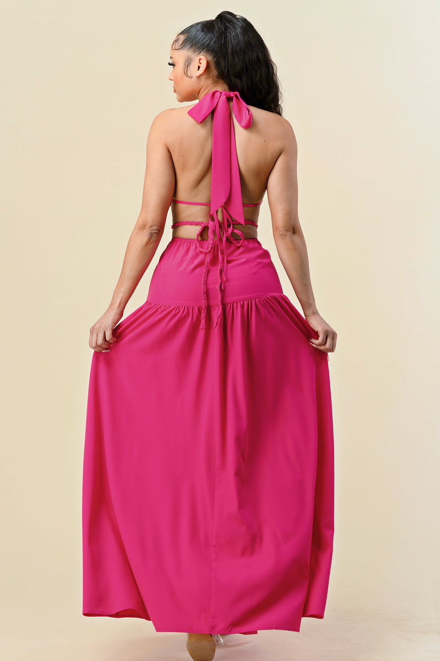 Formal Dresses Long Cut Out Slit Halter Maxi Dress Pink