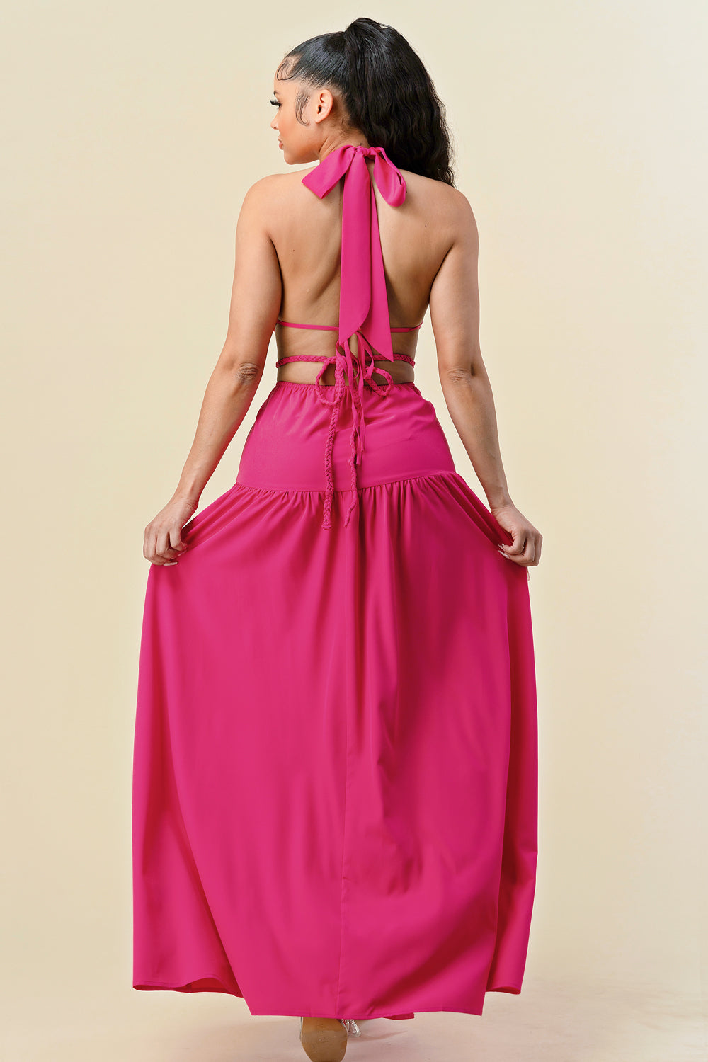 Formal Dresses Long Cut Out Slit Halter Maxi Dress Pink