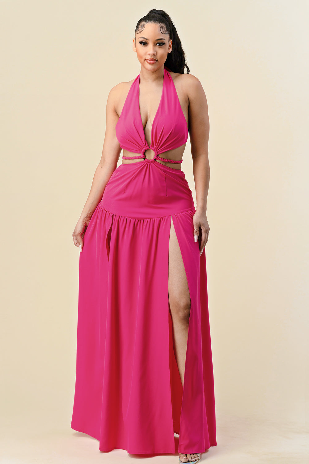 Formal Dresses Long Cut Out Slit Halter Maxi Dress Pink