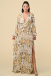 Formal Dresses Printed Long Sleeve Pleated Maxi Dress Ivory combo