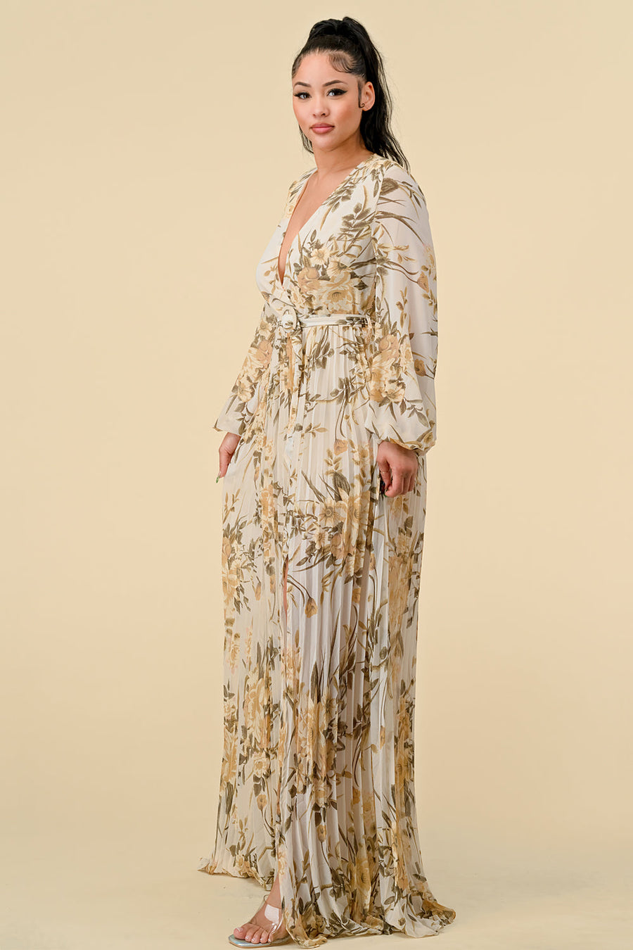 Formal Dresses Printed Long Sleeve Pleated Maxi Dress Ivory combo