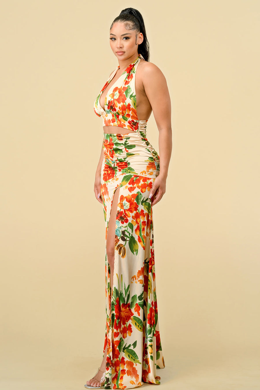 Formal Dresses Long Halter Neck Printed Ruched Maxi Dress Cream combo