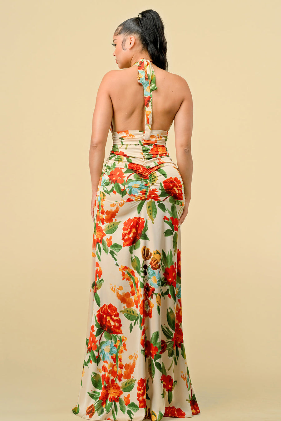 Formal Dresses Long Halter Neck Printed Ruched Maxi Dress Cream combo