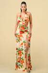 Formal Dresses Long Halter Neck Printed Ruched Maxi Dress Cream combo