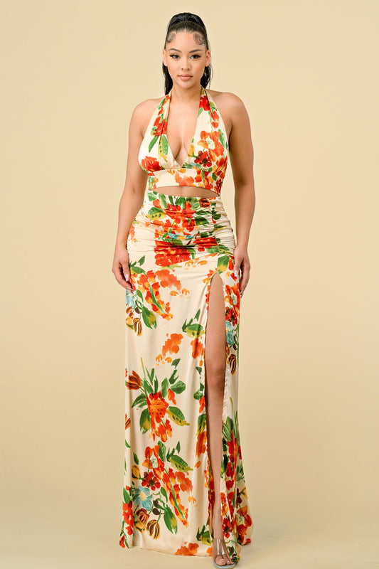 Formal Dresses Long Halter Neck Printed Ruched Maxi Dress Cream combo