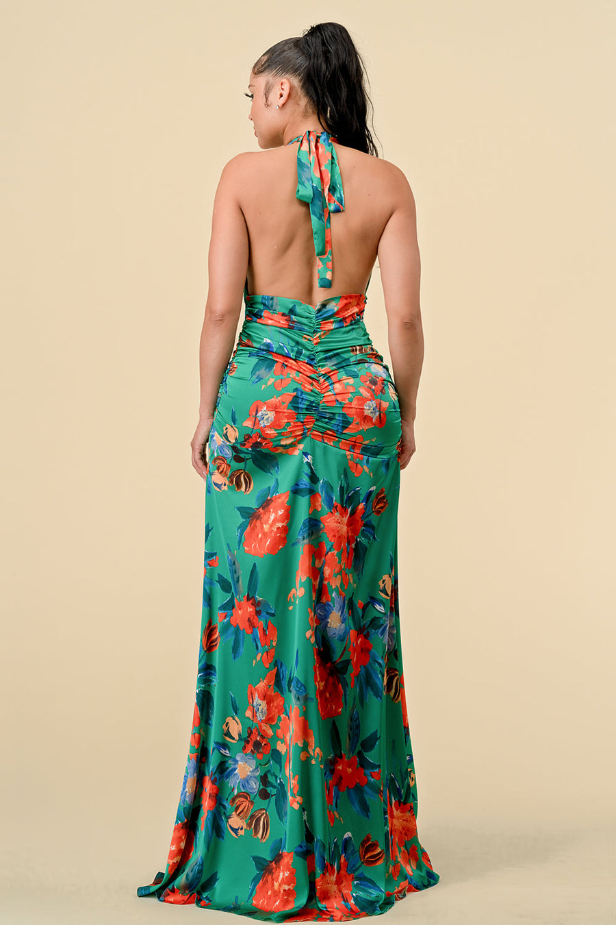 Formal Dresses Long Halter Neck Printed Ruched Maxi Dress Green Combo
