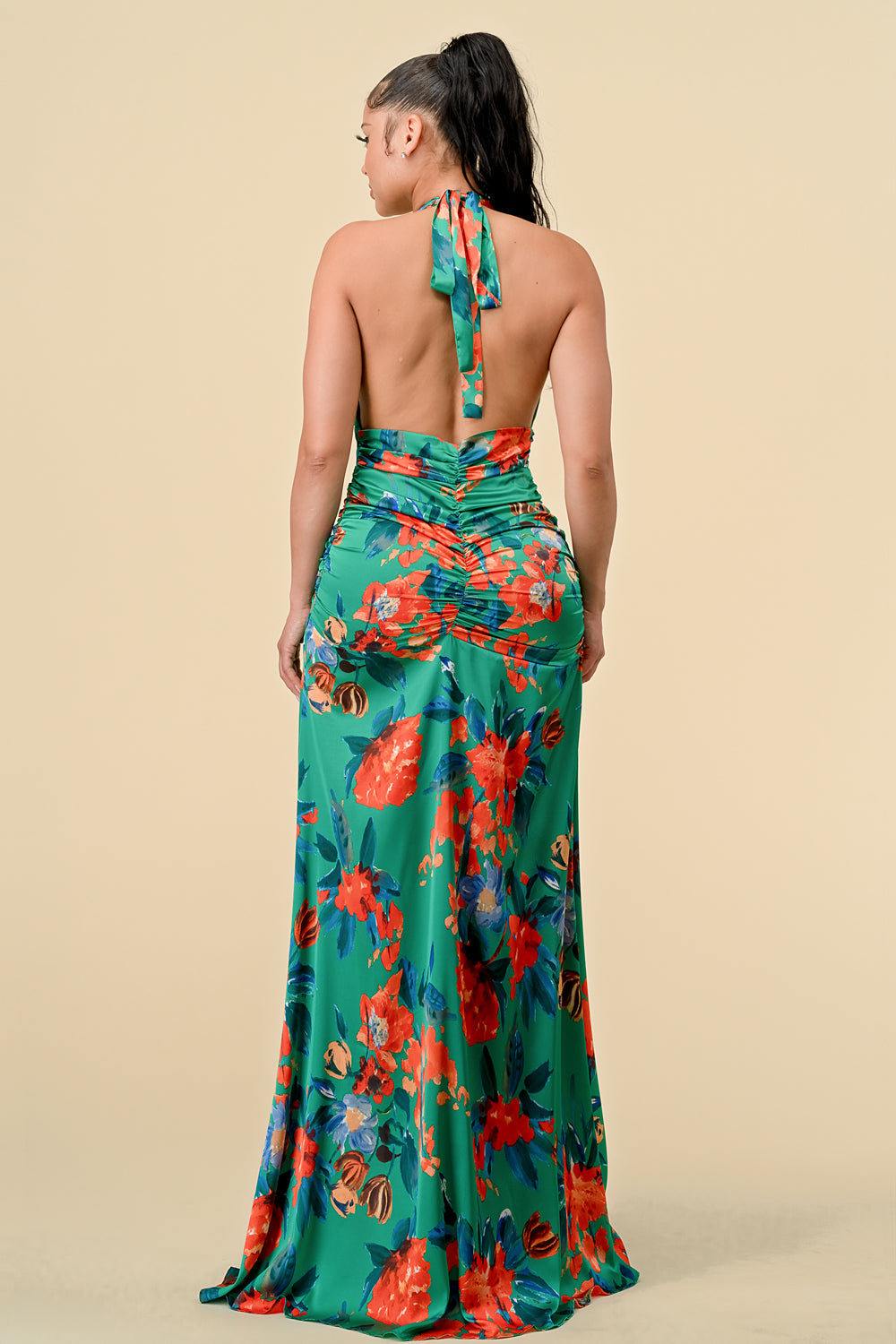 Formal Dresses Long Halter Neck Printed Ruched Maxi Dress Green Combo