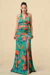 Formal Dresses Long Halter Neck Printed Ruched Maxi Dress Green Combo