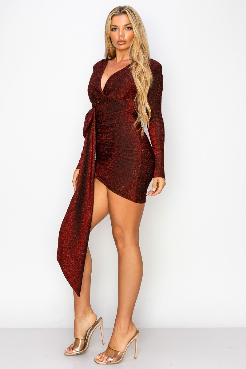 Cocktail Dresses Fitted Long Sleeve Glittery Drape Mini Dress Red