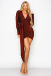 Cocktail Dresses Fitted Long Sleeve Glittery Drape Mini Dress Red