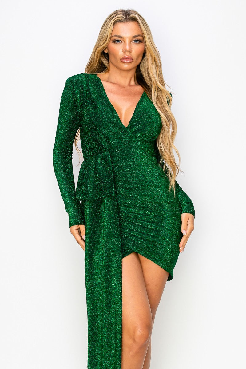 Cocktail Dresses Fitted Long Sleeve Glittery Drape Mini Dress Green