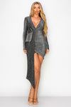 Cocktail Dresses Fitted Long Sleeve Glittery Drape Mini Dress Silver