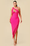 Cocktail Dresses One Shoulder Bandage Tilt Chest High Low Dress  Hot Pink