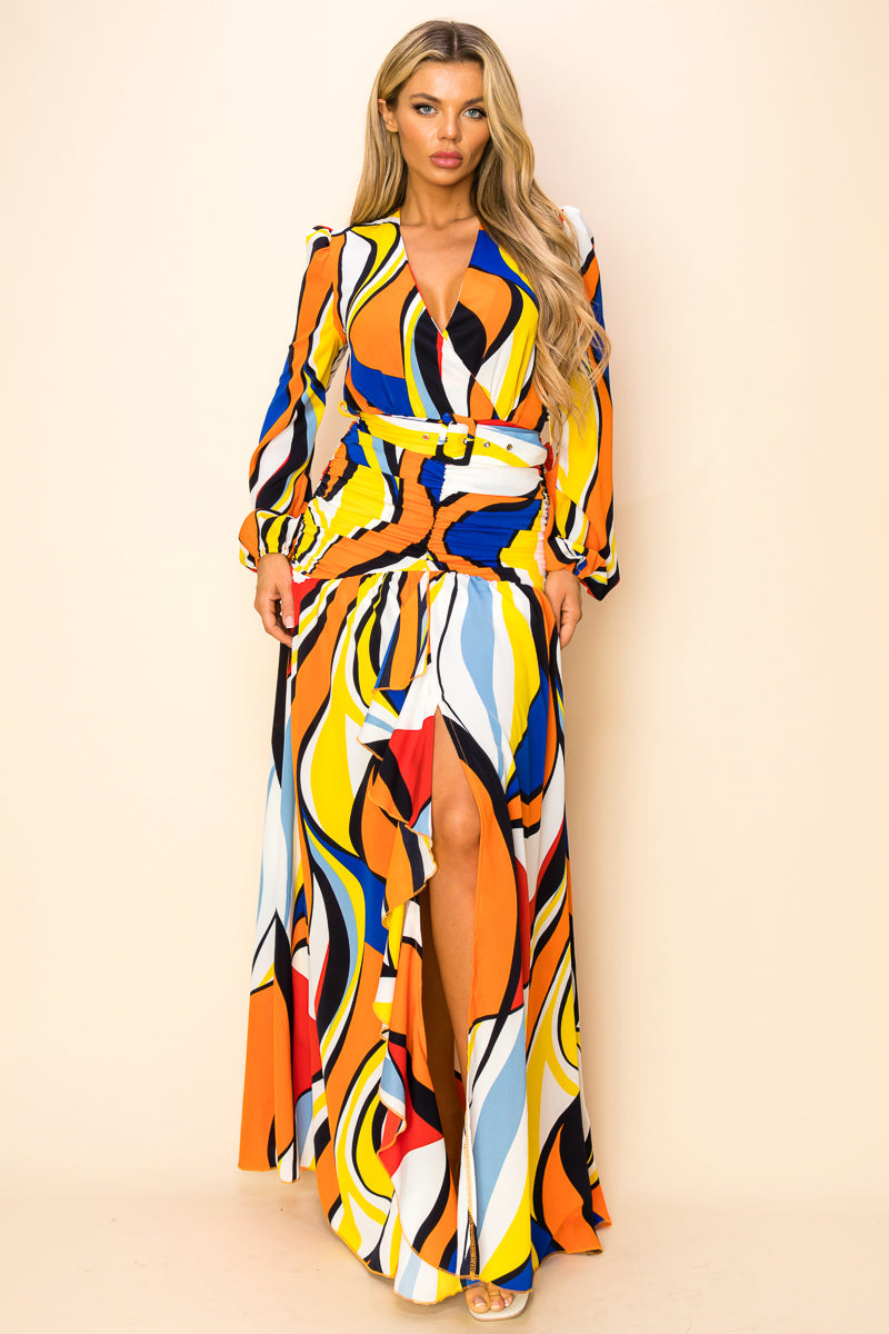 Formal Dresses Long Printed Long Sleeve Slit Maxi Dress Orange/Blue