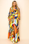 Formal Dresses Long Printed Long Sleeve Slit Maxi Dress Orange/Blue
