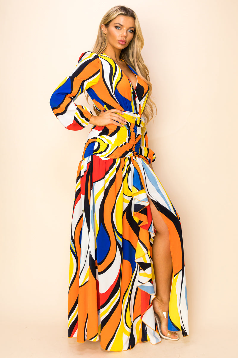 Formal Dresses Long Printed Long Sleeve Slit Maxi Dress Orange/Blue