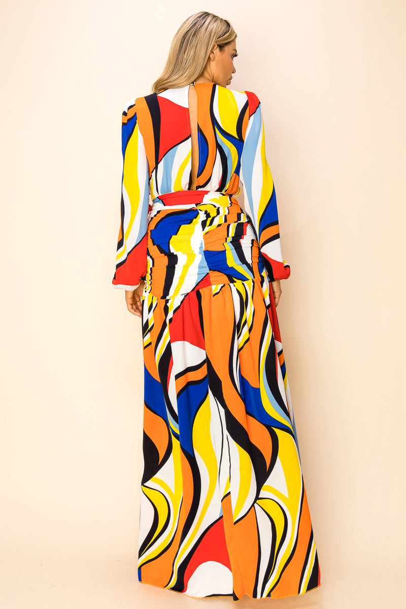 Formal Dresses Long Printed Long Sleeve Slit Maxi Dress Orange/Blue