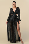 Formal Dresses Long Deep V Neck Sequins Long Sleeve Maxi Dress Black