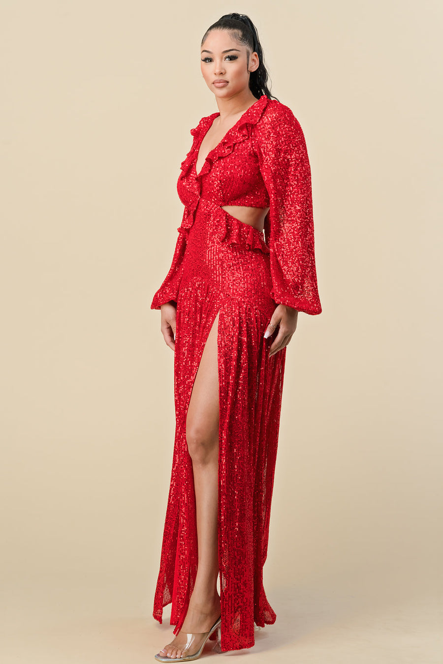 Formal Dresses Long Deep V Neck Sequins Long Sleeve Maxi Dress Red