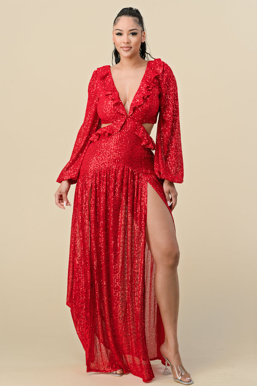 Formal Dresses Long Deep V Neck Sequins Long Sleeve Maxi Dress Red