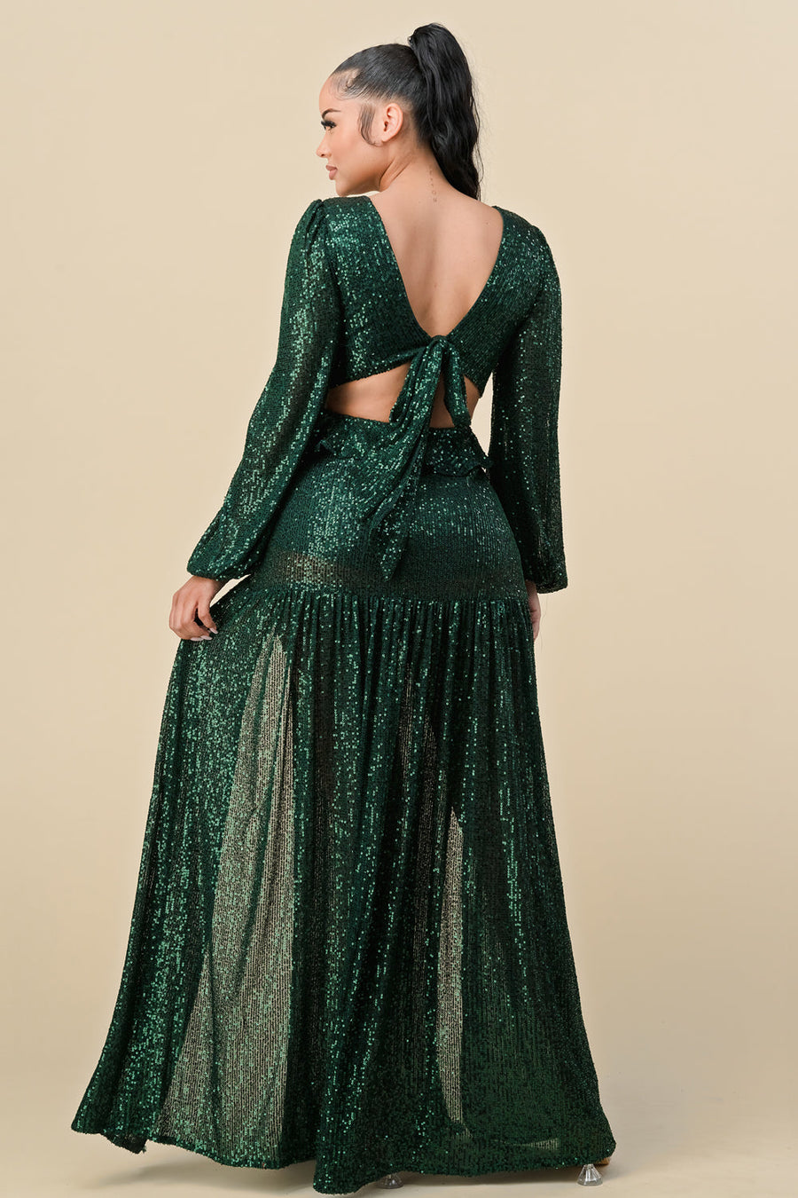 Formal Dresses Long Deep V Neck Sequins Long Sleeve Maxi Dress H. Green
