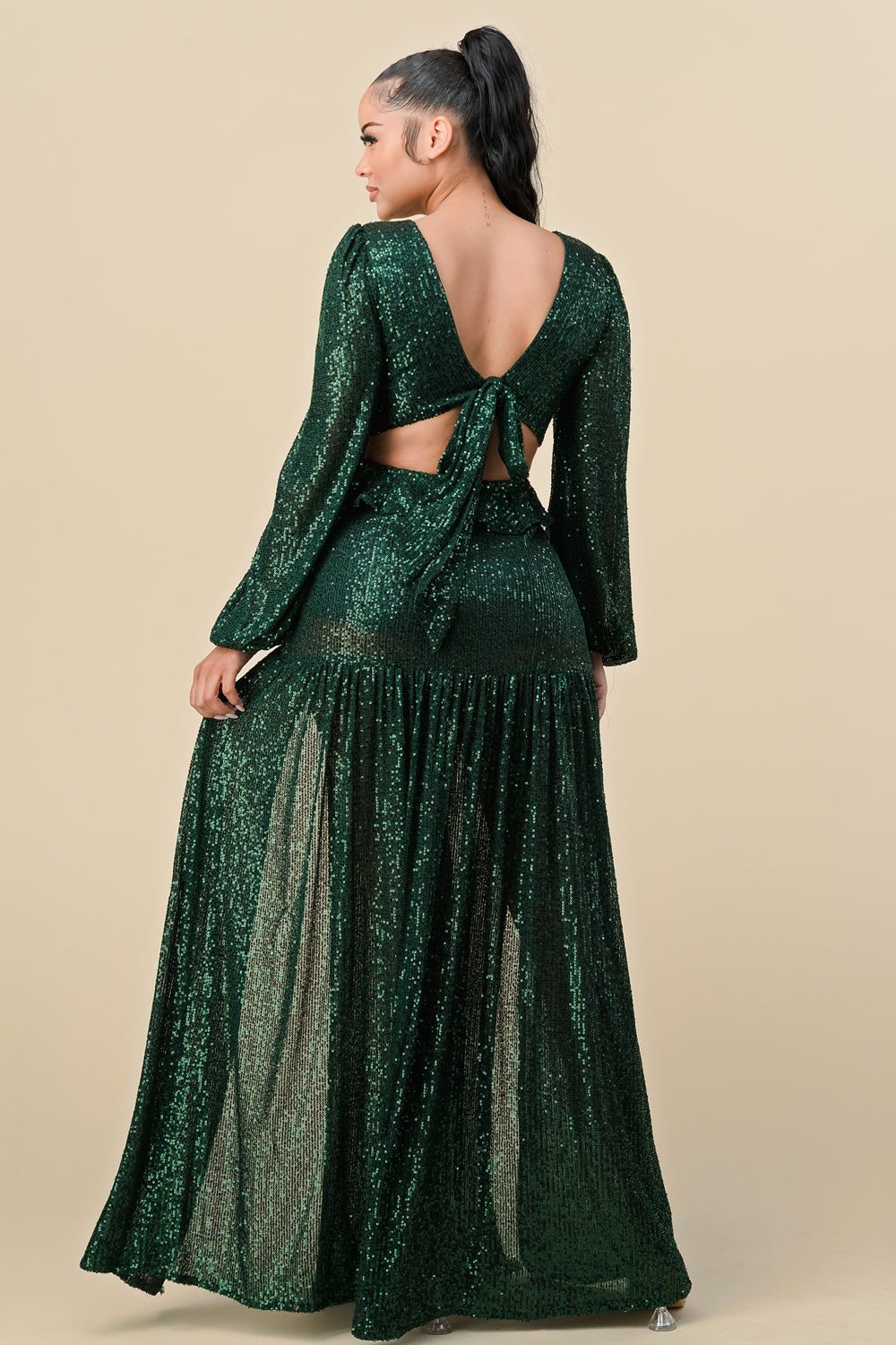 Formal Dresses Long Deep V Neck Sequins Long Sleeve Maxi Dress H. Green