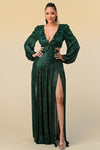 Formal Dresses Long Deep V Neck Sequins Long Sleeve Maxi Dress H. Green