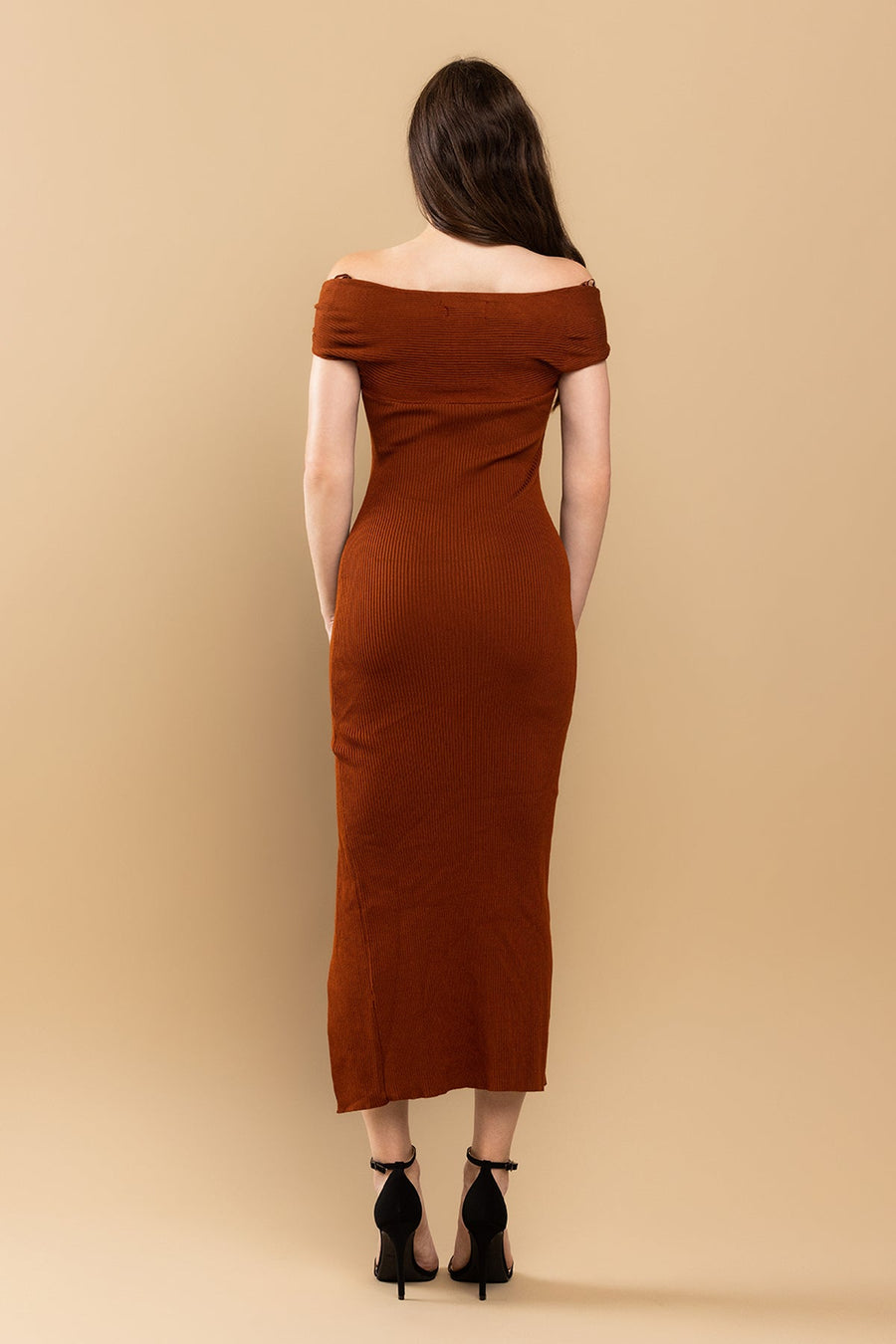 Cocktail Dresses Fitted Off Shoulder Slit Midi Dress Brick