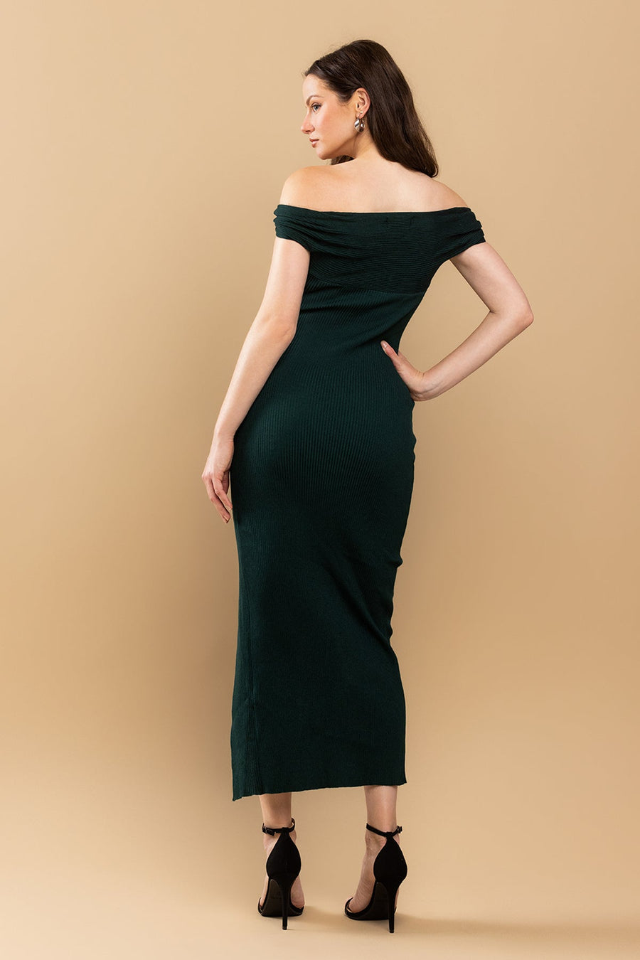 Cocktail Dresses Fitted Off Shoulder Slit Midi Dress H. Green