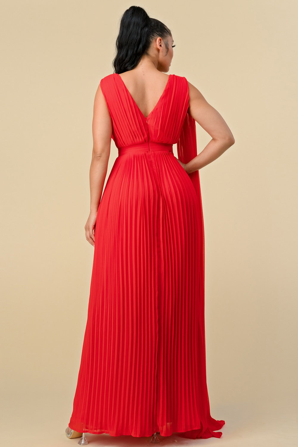 Formal Dresses Long Sleeveless Pleated Maxi Dress Tomato Red