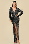Formal Dresses Long Sleeve Fitted Sequin Maxi Dress Black/Silver