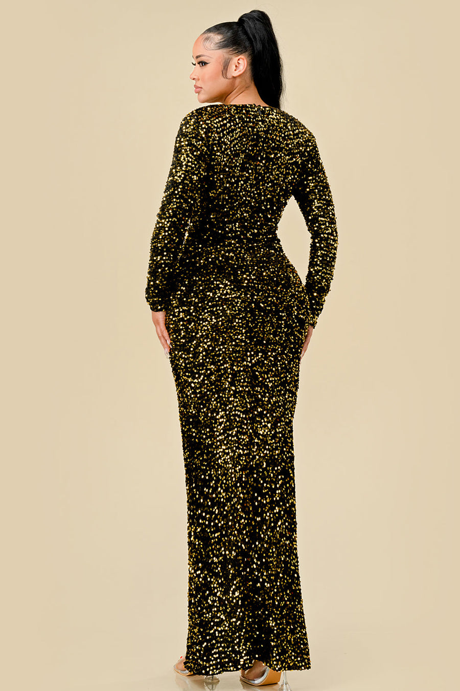 Formal Dresses Long Sleeve Fitted Sequin Maxi Dress Black/Gold