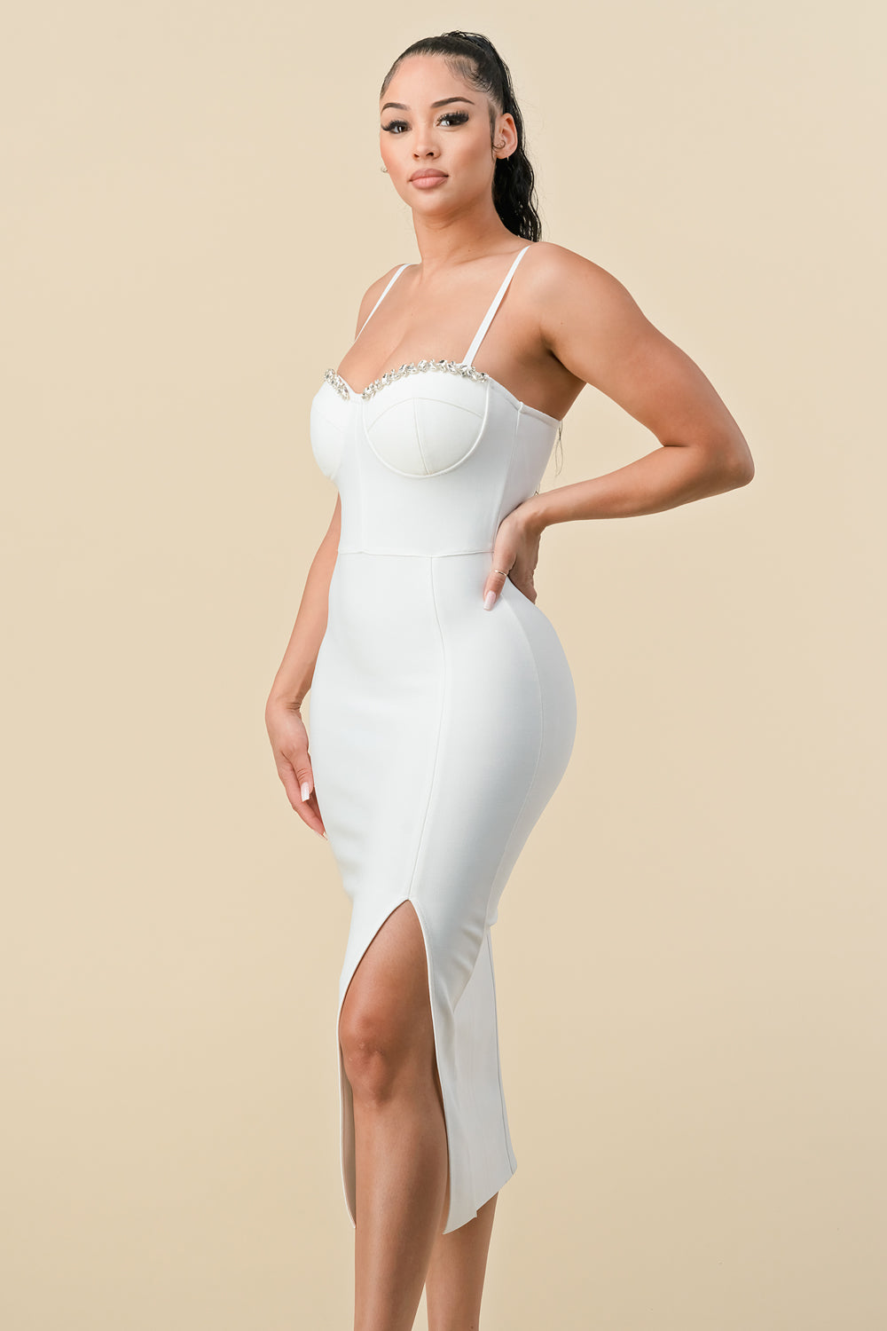 Cocktail Dresses Spaghetti Strap Fitted Slit Midi Length Dress Off White