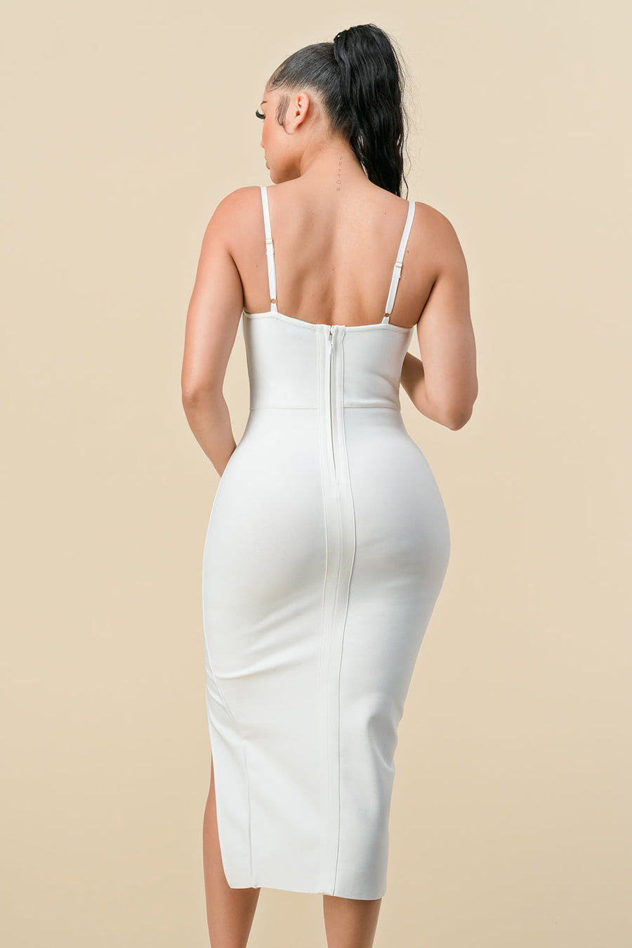 Cocktail Dresses Spaghetti Strap Fitted Slit Midi Length Dress Off White