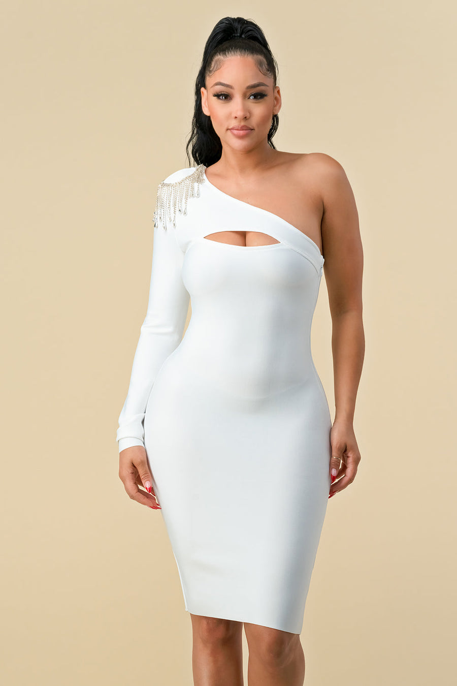 Cocktail Dresses Short One Shoulder Fitted Dress Off White