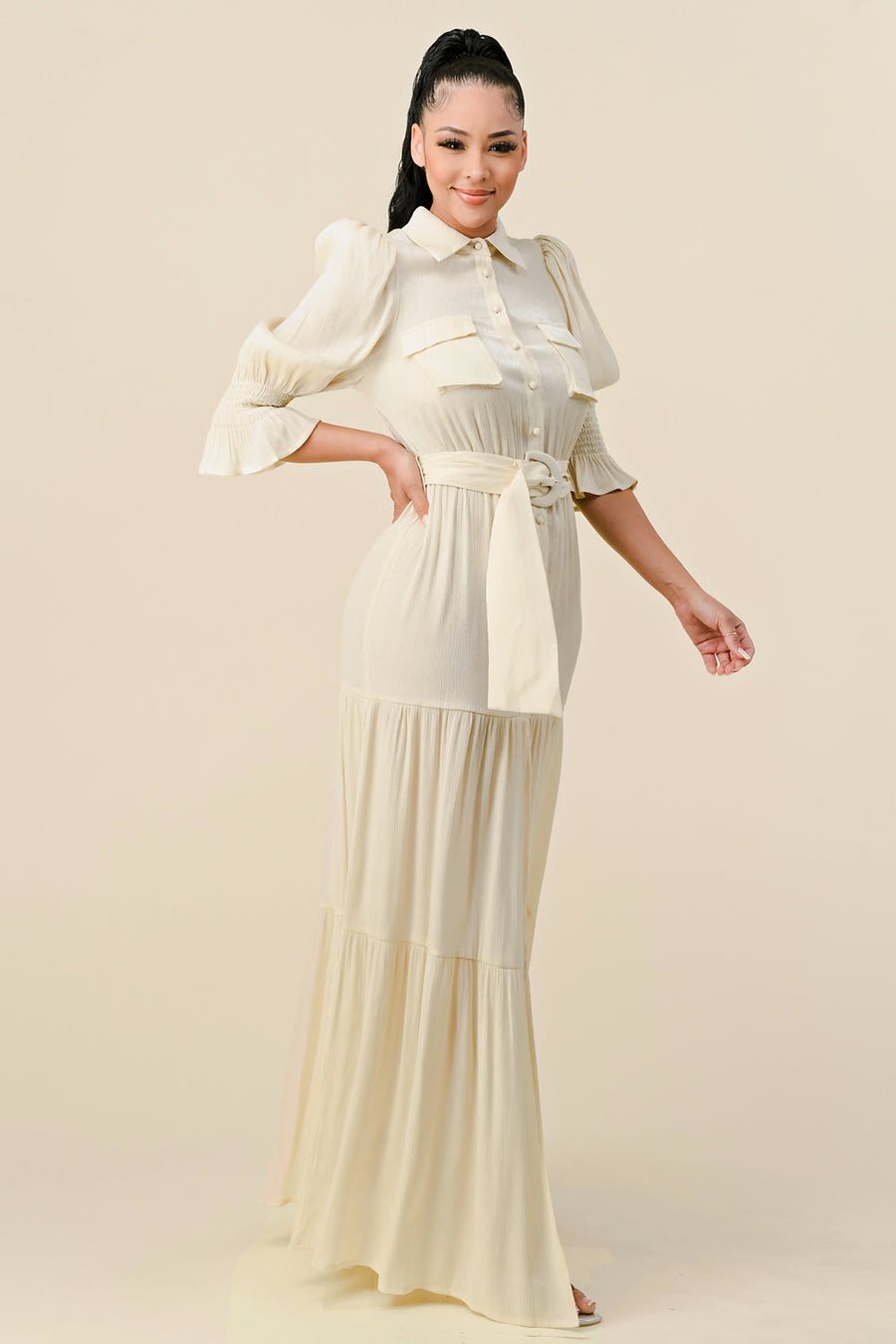 Formal Dresses Long 3/4 Sleeve Slit Maxi Dress Champagne