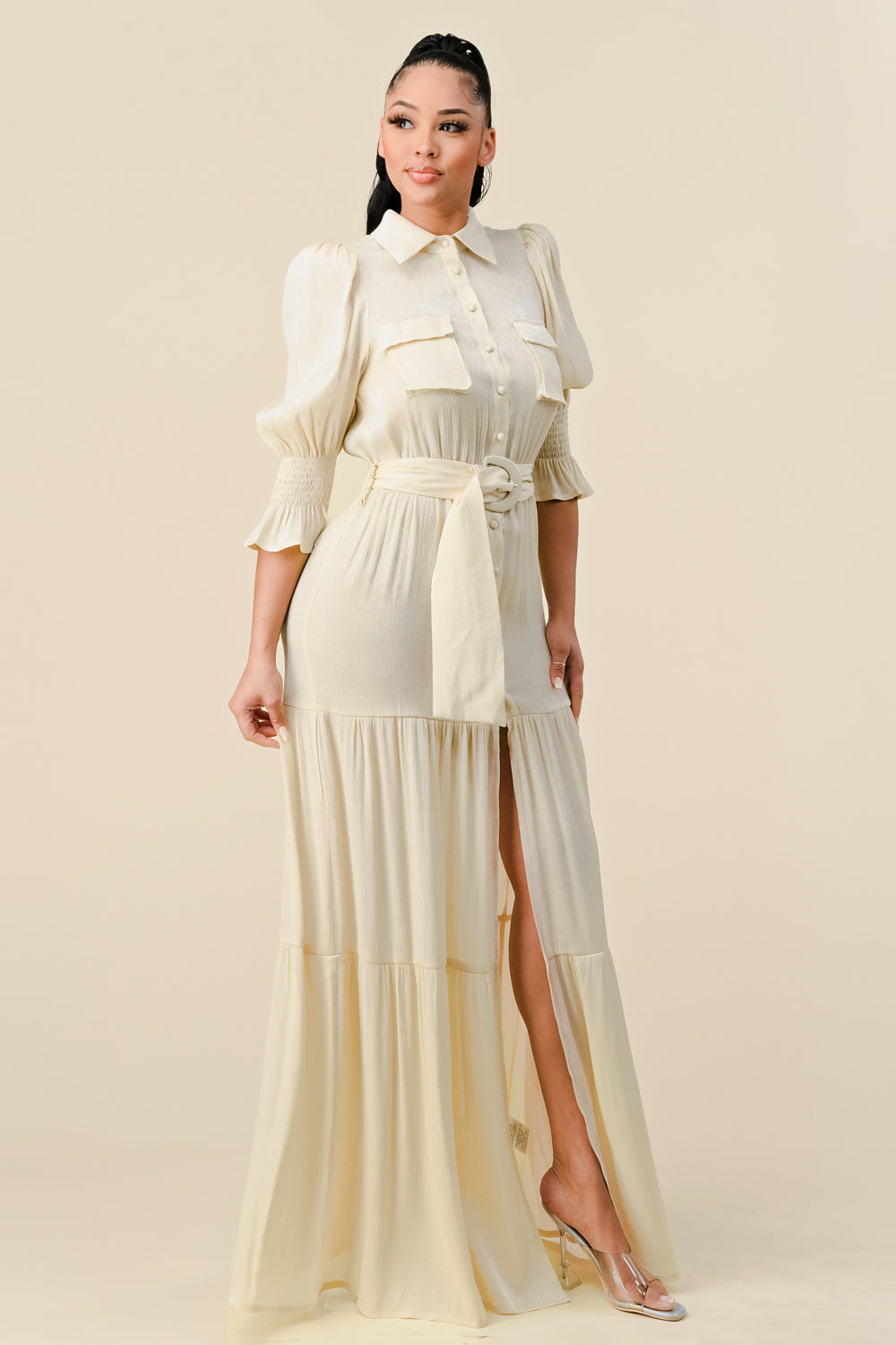 Formal Dresses Long 3/4 Sleeve Slit Maxi Dress Champagne