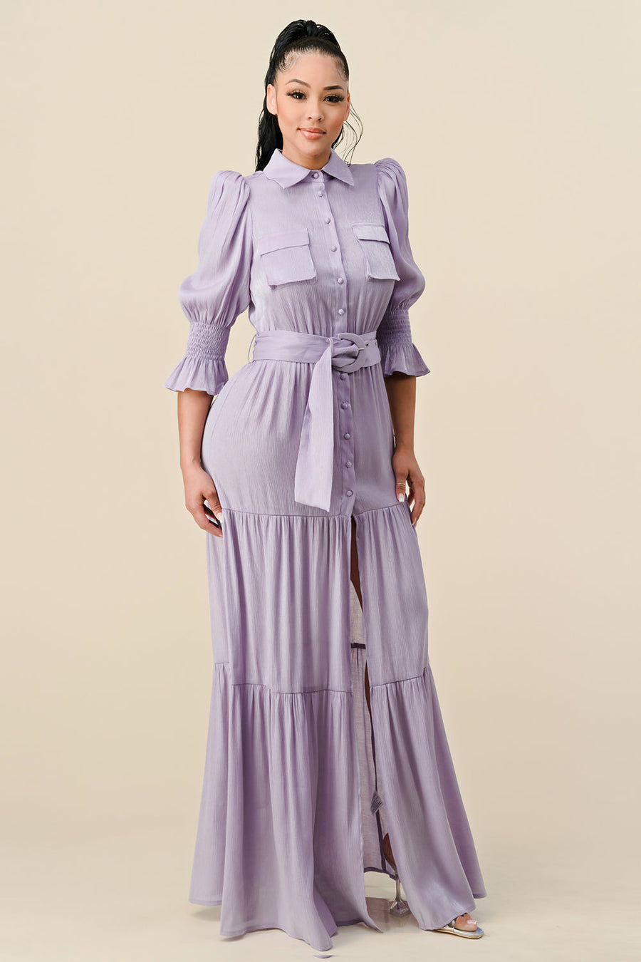 Formal Dresses Long 3/4 Sleeve Slit Maxi Dress Lavender