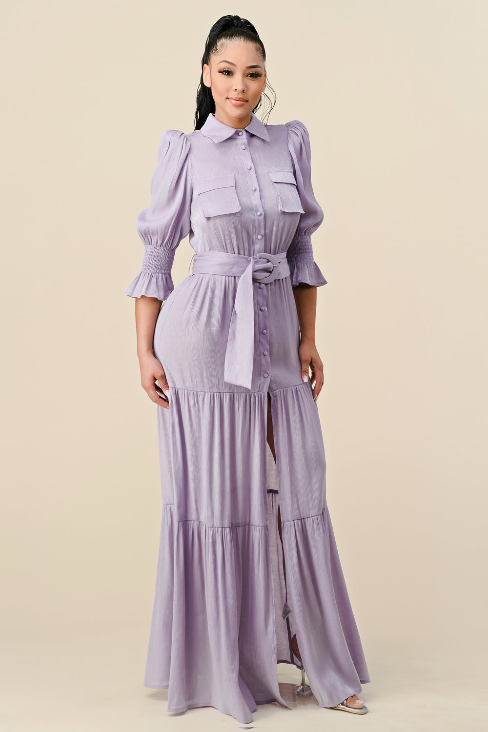 Formal Dresses Long 3/4 Sleeve Slit Maxi Dress Lavender