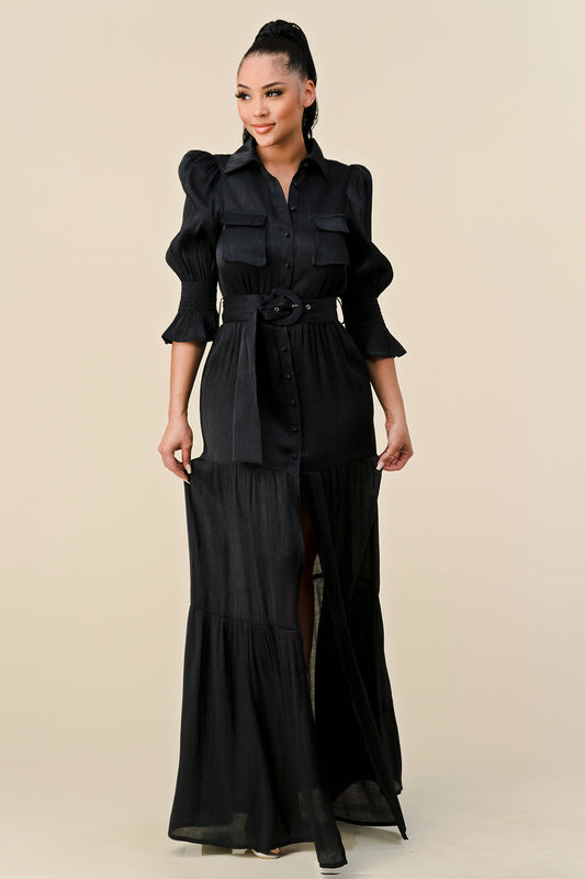 Formal Dresses Long 3/4 Sleeve Slit Maxi Dress Black
