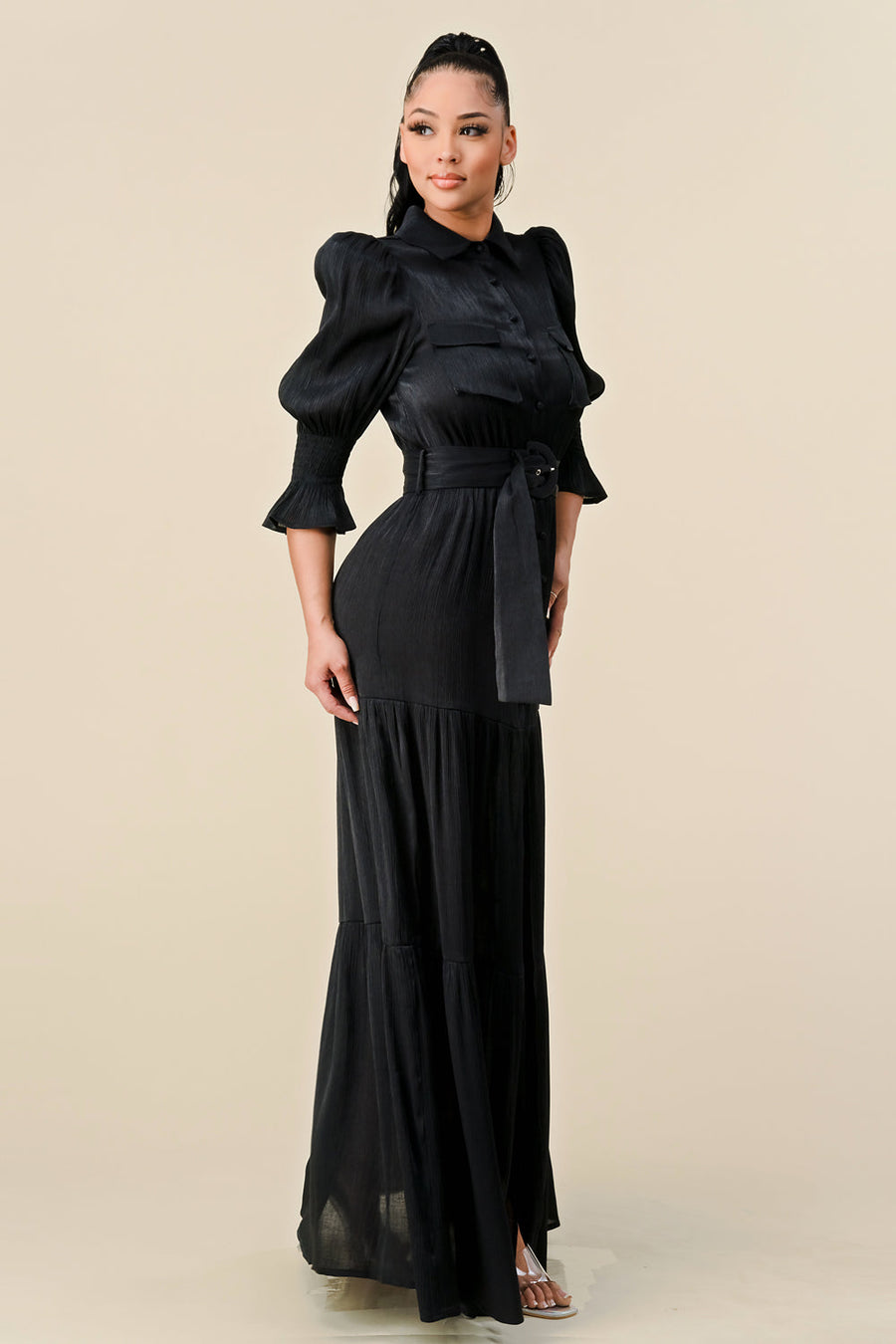Formal Dresses Long 3/4 Sleeve Slit Maxi Dress Black