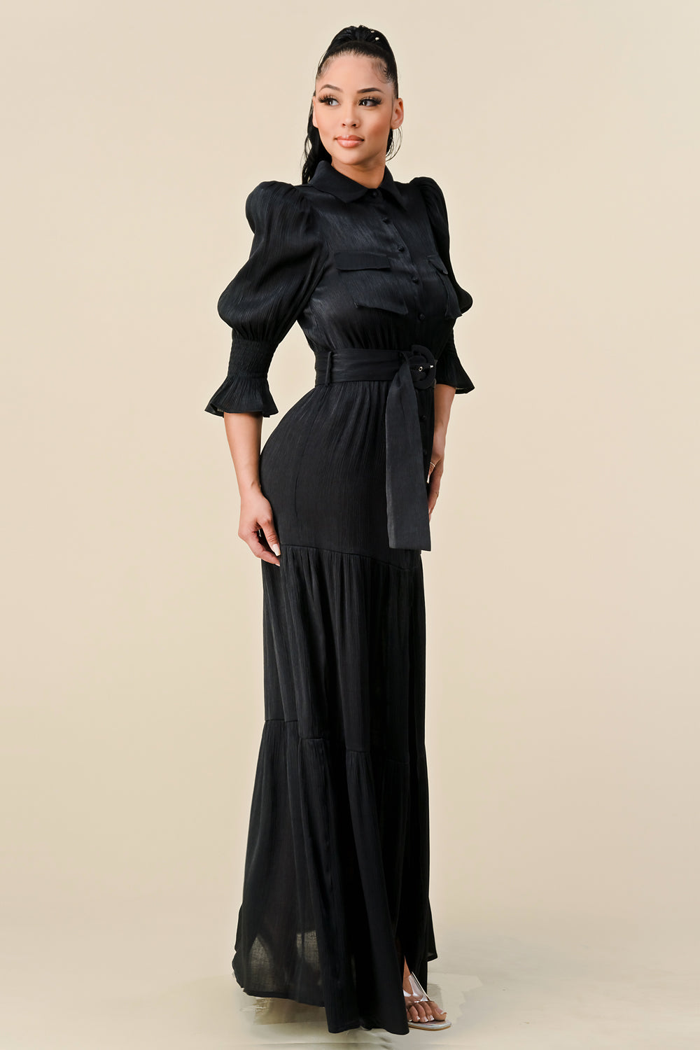 Formal Dresses Long 3/4 Sleeve Slit Maxi Dress Black