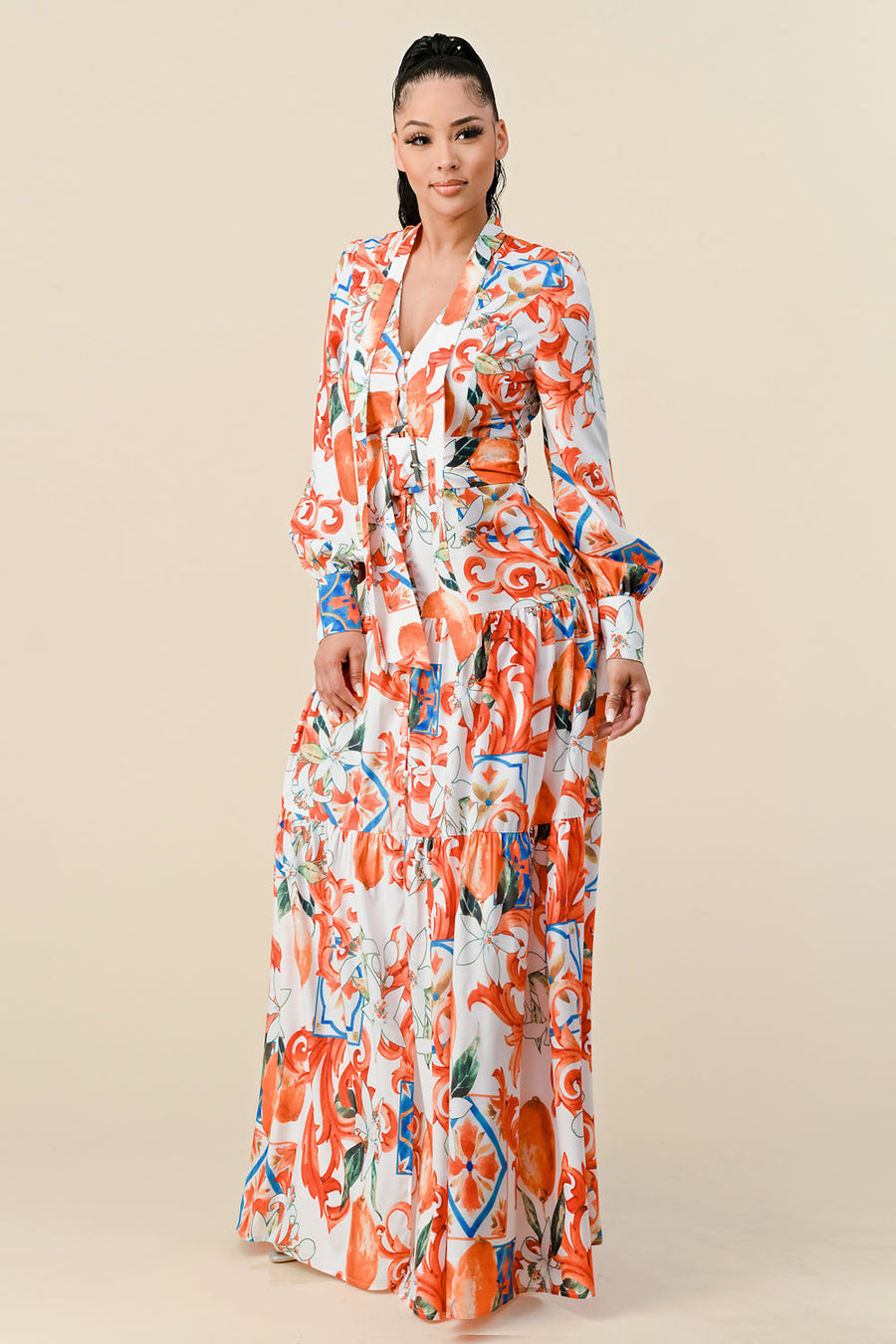 Formal Dresses Long Sleeve V Neck Print Maxi Dress Off White Combo